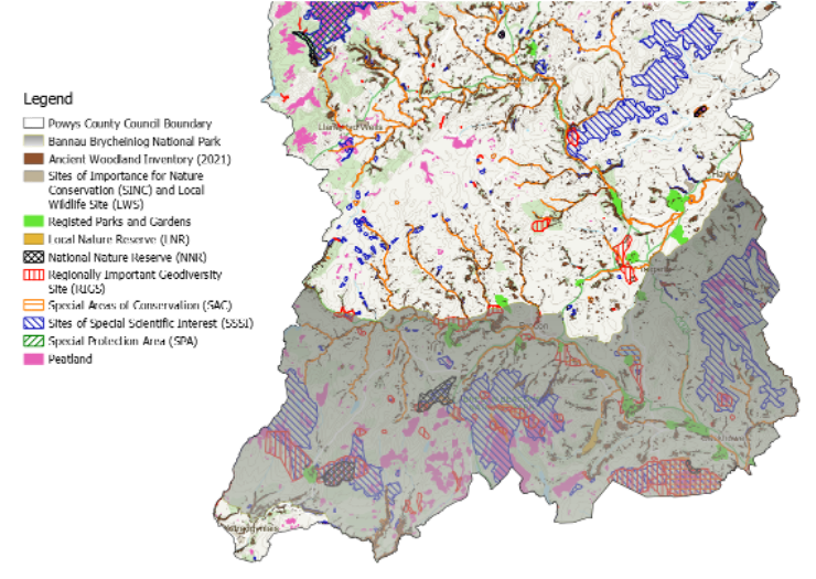 Map of South Powys designated and non-statutory sites