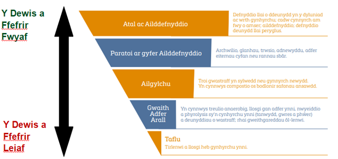 Hierarchaeth Gwastraff: (dull a ffefrir i'r lleiaf dewisol) Atal ac Ailddefnyddio Paratoi ar gyfer Ailddefnyddio Ailgylchu Gwaith Adfer Arall Taflu