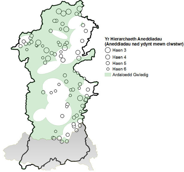 Map yn dangos yr ardaloedd a ddiffinnir fel aneddiadau gwledig a ddi-glwstwr