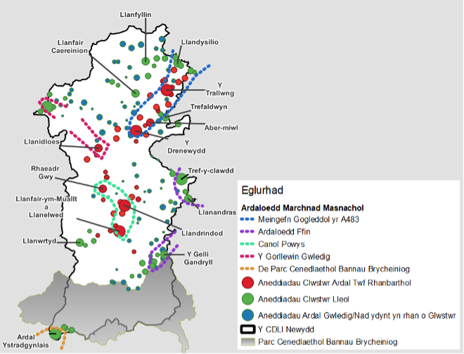 Map o Bowys yn dangos ardaloedd marchnad fasnachol a ddangosir gyda'r anheddiad yn yr hierarchaeth aneddiadau cynaliadwy.