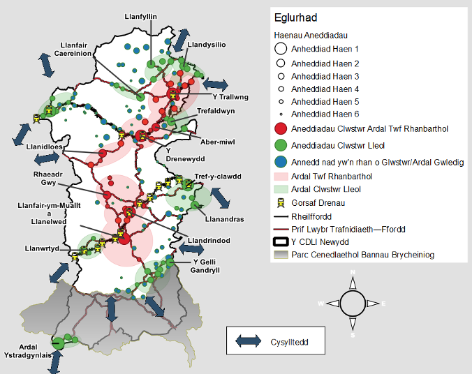 Map o Bowys yn dangos y clystyrau ardaloedd twf rhanbarthol, clystyrau lleol a'r hierarchaeth aneddiadau cynaliadwy