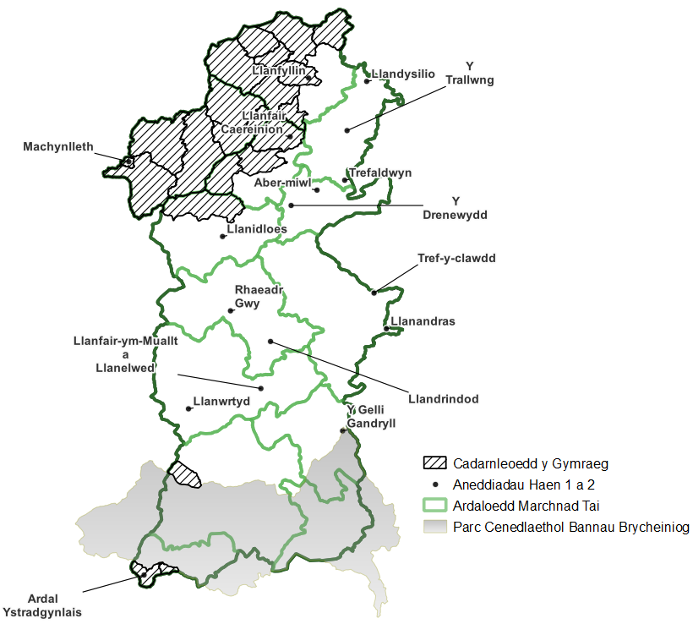 Cadarnleoedd Cymraeg yn Ardal LPA Powys. Dangosir y rhain fel NW Powys, ardal fechan ar ffin Sir Gaerfyrddin ac ardal Ystradgynlais.