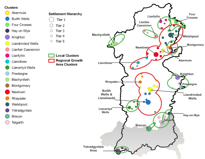 A map showing the location of the Regional Growth Area and Local clusters.