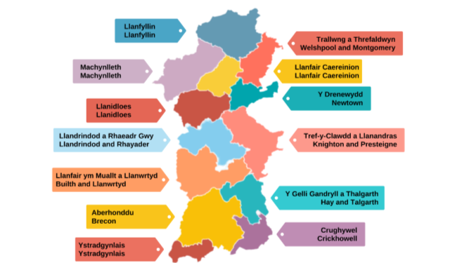 A map of Powys broken down into 13 localities