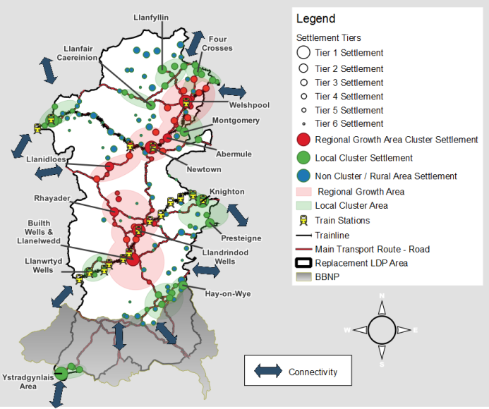 A map of Powys showing the regional growth area clusters, local clusters and the sustainable settlement hierarchy.