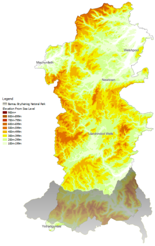 map showing the topography of Powys