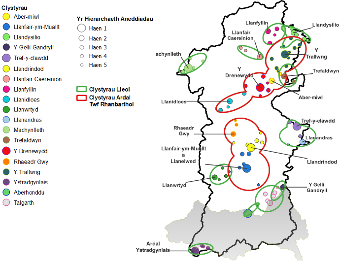 Map yn dangos lleoliad yr Ardal Twf Rhanbarthol a chlystyrau Lleol.