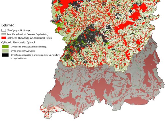 Map o Gyfleoedd De Powys - safleoedd gwarchodedig a rhwydwaith cyfun