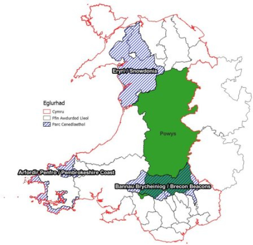 Map yn dangos amlinelliad o ardal awdurdod lleol Powys ac awdurdodau lleol cyfagos