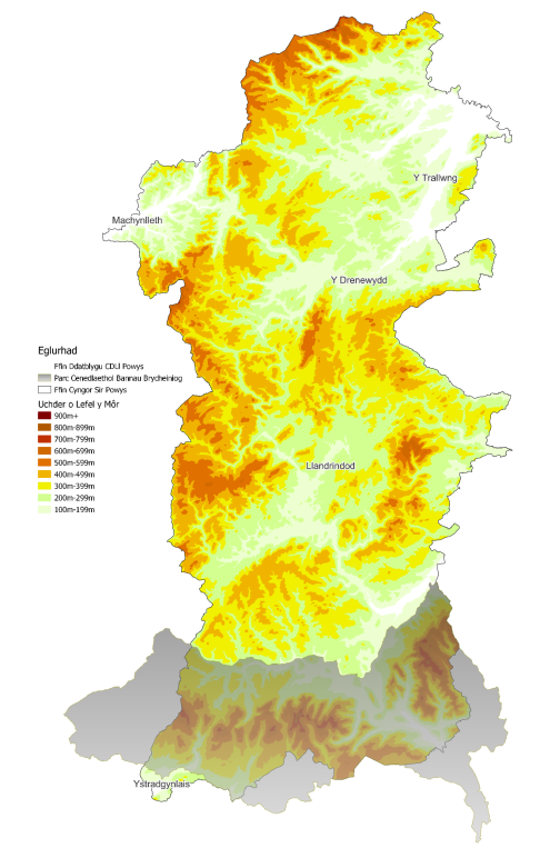 Map yn dangos topograffeg Powys