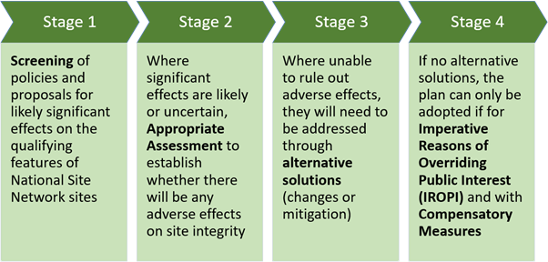  Stage One: Screening of policies and proposals for likely significant effects on the qualifying features of National Site Network sites. Stage 2 Where significant effects are likely or uncertain, Appropriate Assessment to establish whether there will any adverse effects on site integrity. Stage 3 Where unable to rule out adverse effects, they will need to be addressed through alternative solutions (changes or mitigation). Stage 4 If not alternative solutions, the plan can only be adopted if for Imperative Reasons of Overriding Public Interest (IROPI) and with Compensatory Measures